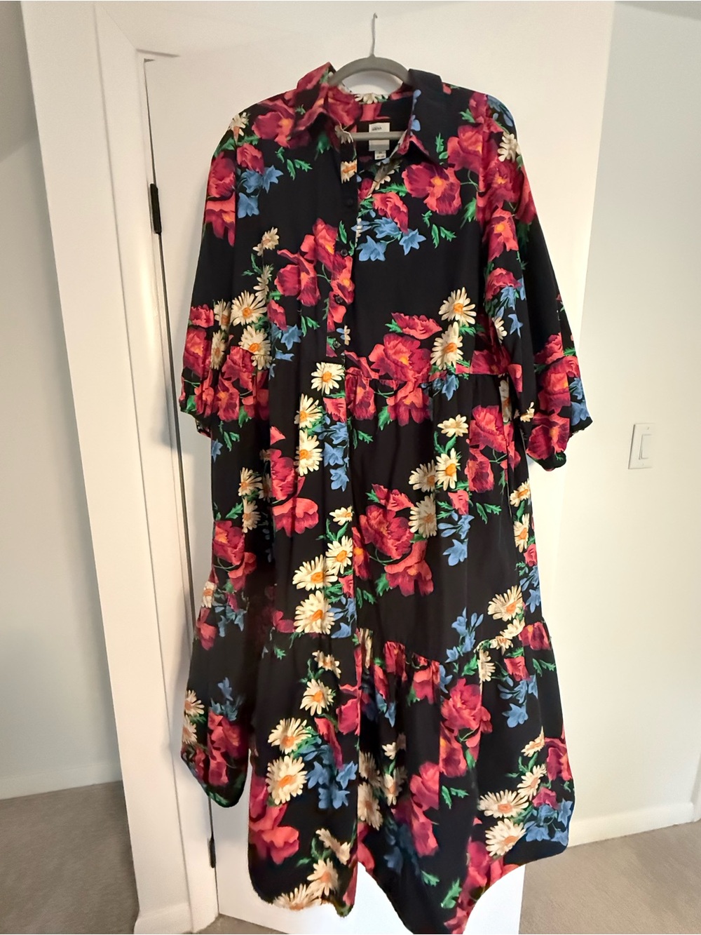 Maeve Black Midi Dress with Red, Blue & Yellow Floral Print